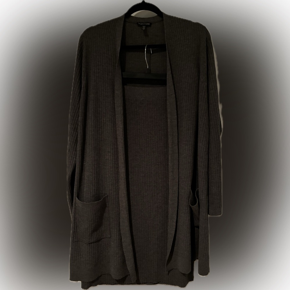 Eileen Fisher Italian Wool Cardigan Skirt set in slate gray.